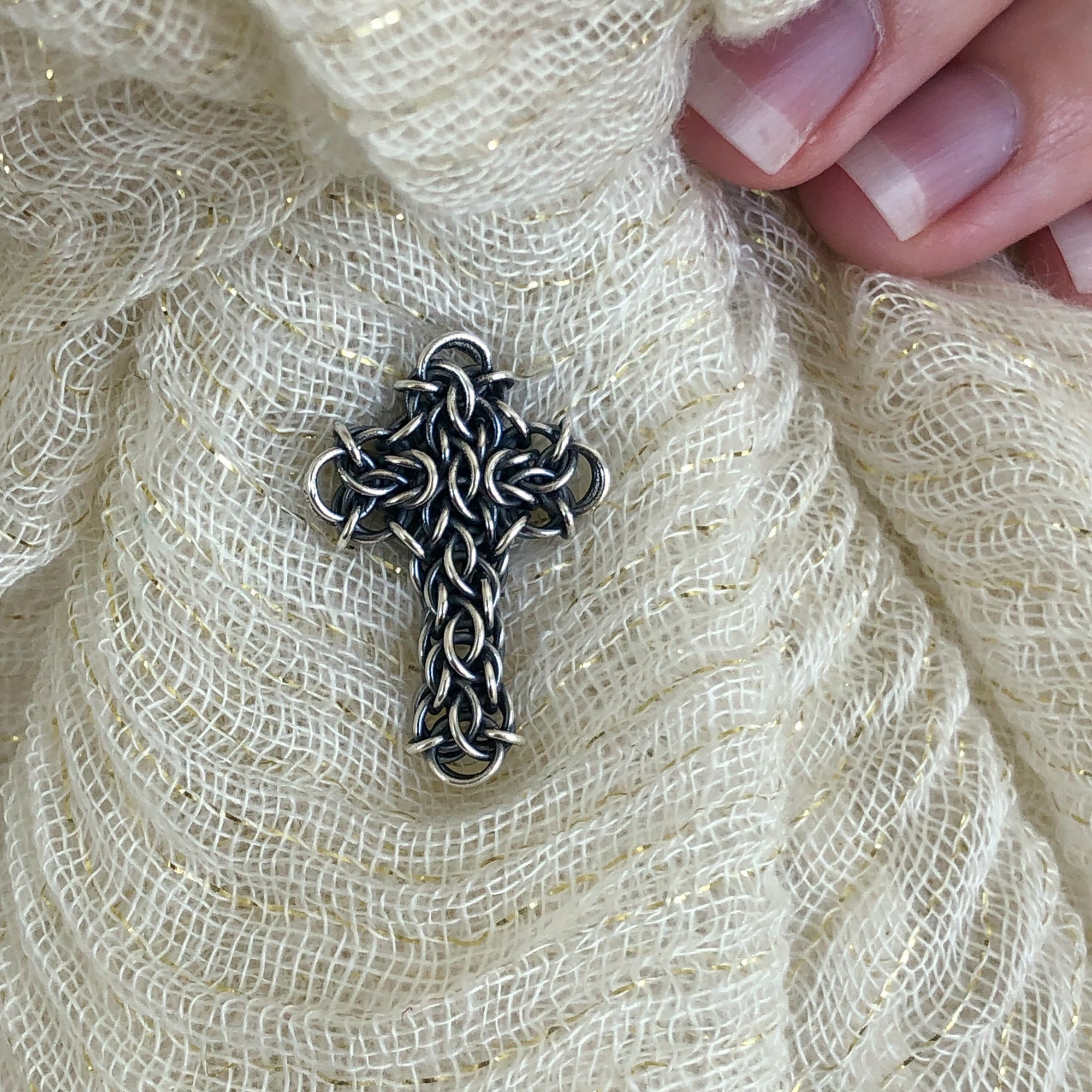 Fused Chainmaille Cross Lapel Pin / Brooch, Small - Femailler